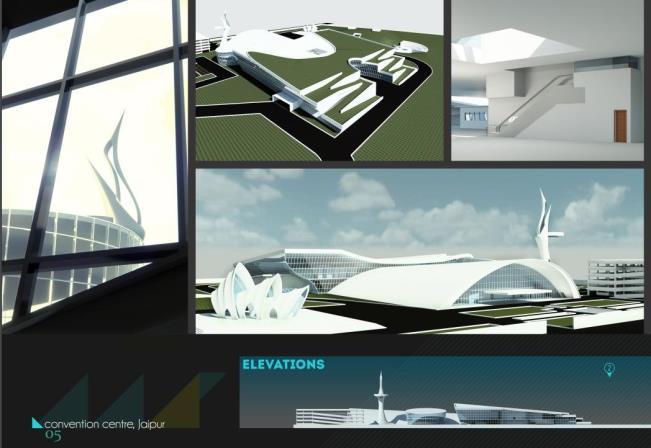 Original convention-centre visualization board with exterior, interior, site-model and elevation studies