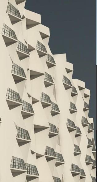 Original high-density housing façade study with projecting angular balcony and shading forms