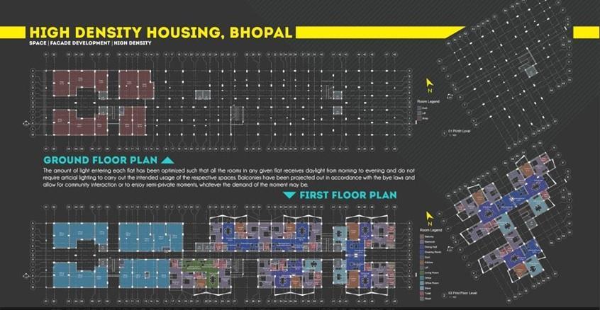Original high-density housing board with ground and first-floor plans and room-use diagrams