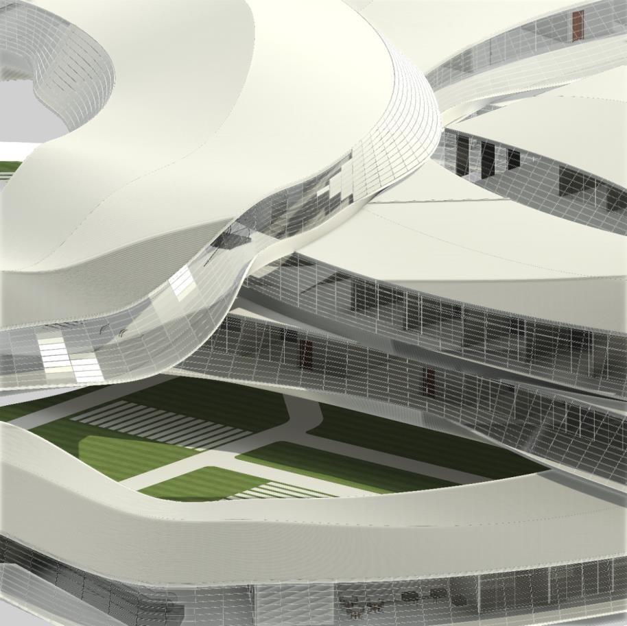 Original museum courtyard model view showing flowing layered building forms around a landscape court