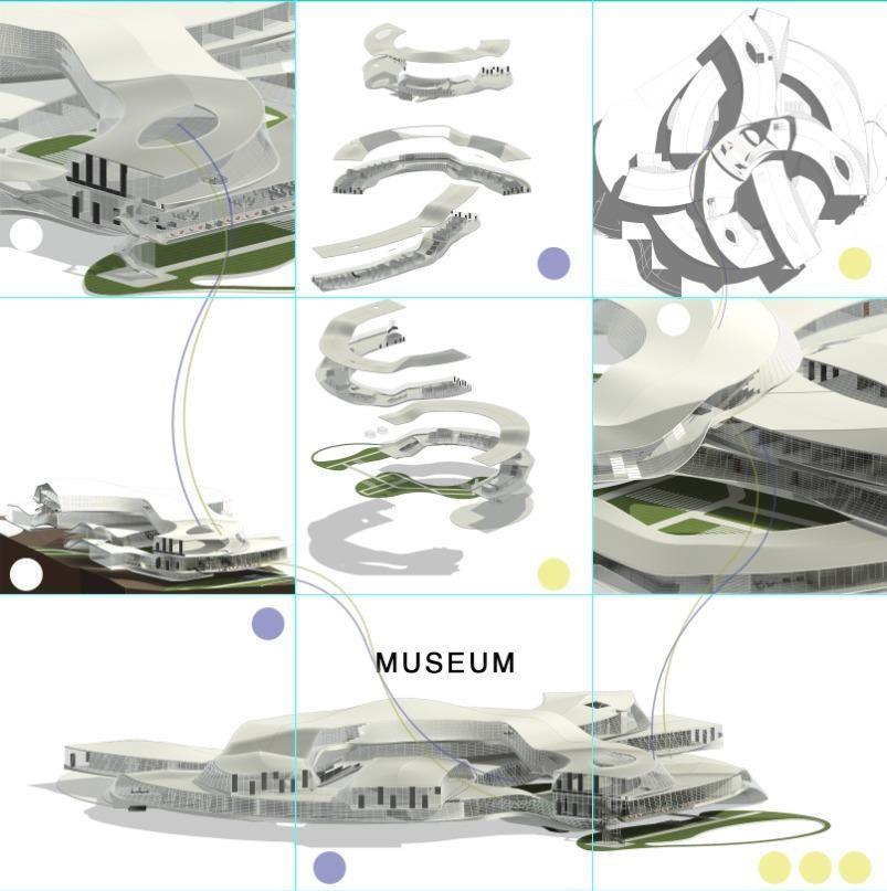 Original museum process board with massing iterations, exploded layers, perspectives and overall model